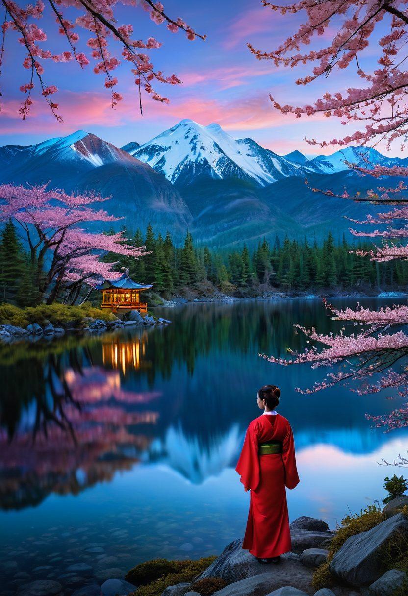 A captivating blend of traditional Japanese elements, such as cherry blossoms and lanterns, intertwining with the rugged Alaskan wilderness featuring snowy mountains, pine forests, and a serene lake. Include a figure in Japanese attire, surrounded by wildlife like moose and bears, creating a harmonious fusion of cultures. Soft ethereal lighting to enhance the allure of the scene. super-realistic. vibrant colors.