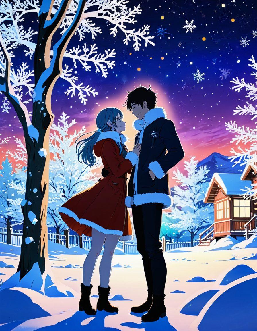 A whimsical scene set in a snowy subarctic landscape, featuring playful anime characters engaged in flirtatious activities. The backdrop includes frosty trees and auroras lighting up the night sky, while characters exhibit exaggerated expressions of joy and mischief. Incorporate elements of sensuality subtly, with warm colors contrasting against the cold environment. Enchanting snowflakes and sparkles fill the air, creating a magical atmosphere. vibrant colors. anime style. chilly ambiance.
