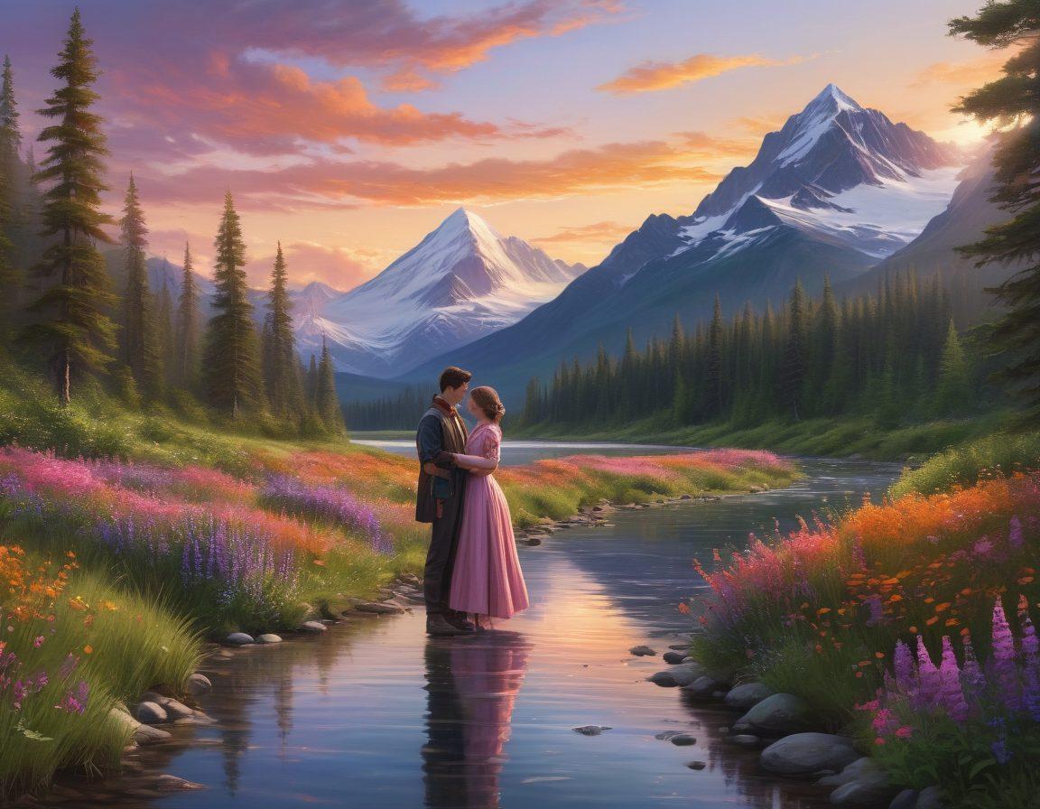 An enchanting scene of an Alaskan wilderness landscape with snow-capped mountains and lush green forests. In the foreground, two characters from adult anime, elegantly dressed in a blend of traditional and modern attire, are engaged in a playful interaction amidst the vibrant wildflowers. A crystal-clear river flows nearby, and the sky is painted with soft, warm sunset hues. The overall atmosphere should evoke a sense of adventure and allure. super-realistic. vibrant colors. 3D.